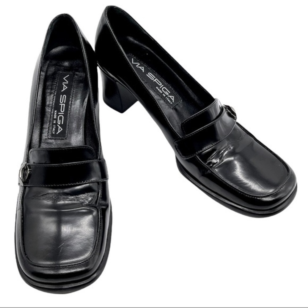 VIA SPIGA Black Leather Square Toe Slip on Chunky Heel Loafers Size 7 Narrow